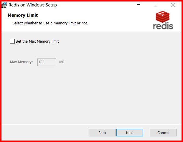 Picture showing the specifying the Memory Limit in the redis agent installation wizard